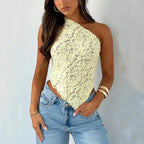 Ins Lace Backless Top Summer Solid Color Waistless Asymmetrical Sloped Neck Vest Streetwear Womens Clothes - DanaFashionstore