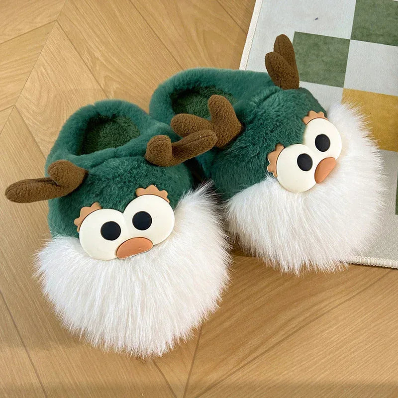 Cute Cartoon Christmas Deer Cotton Shoes Winter Indoor Floor Home Slippers Half-covered Heel Warm Plush Shoes Women - DanaFashionstore
