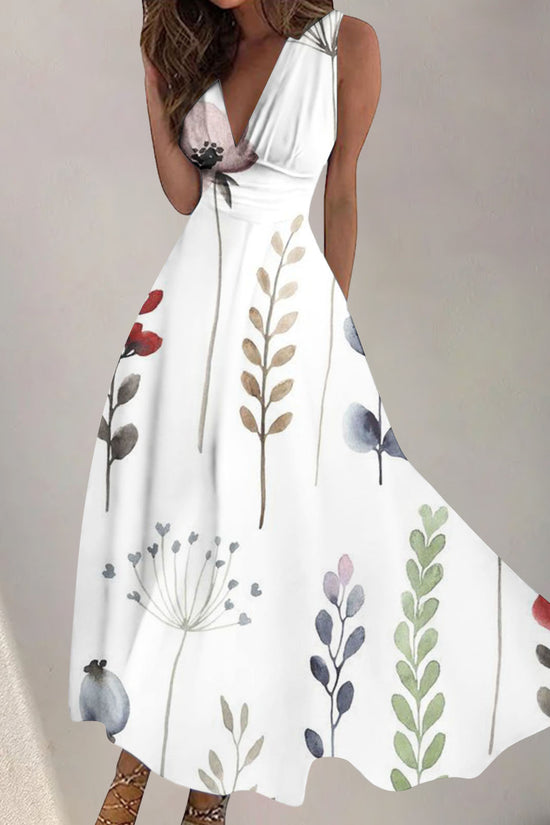 Women's Digital Printing Fashion V-neck Swing Long Dress