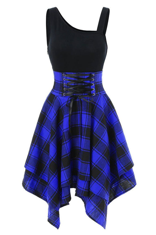 Fashion Plaid Suspender Elastic Waist Irregular Plaid Dress