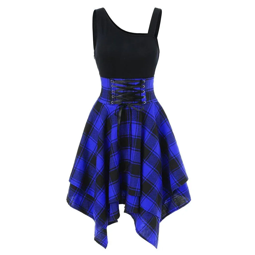 Fashion Plaid Suspender Elastic Waist Irregular Plaid Dress - DanaFashionstore