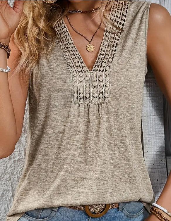 Stunning Lace V Neck Tank Top - Elegant Sleeveless Pleated Design, Flowy Silhouette, Breathable Fabric, Perfect For Spring & Summer, Women's Clothing, Versatile Wardrobe Essential - DanaFashionstore