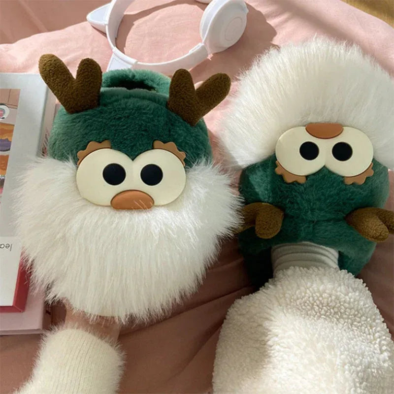 Cute Cartoon Christmas Deer Cotton Shoes Winter Indoor Floor Home Slippers Half-covered Heel Warm Plush Shoes Women - DanaFashionstore