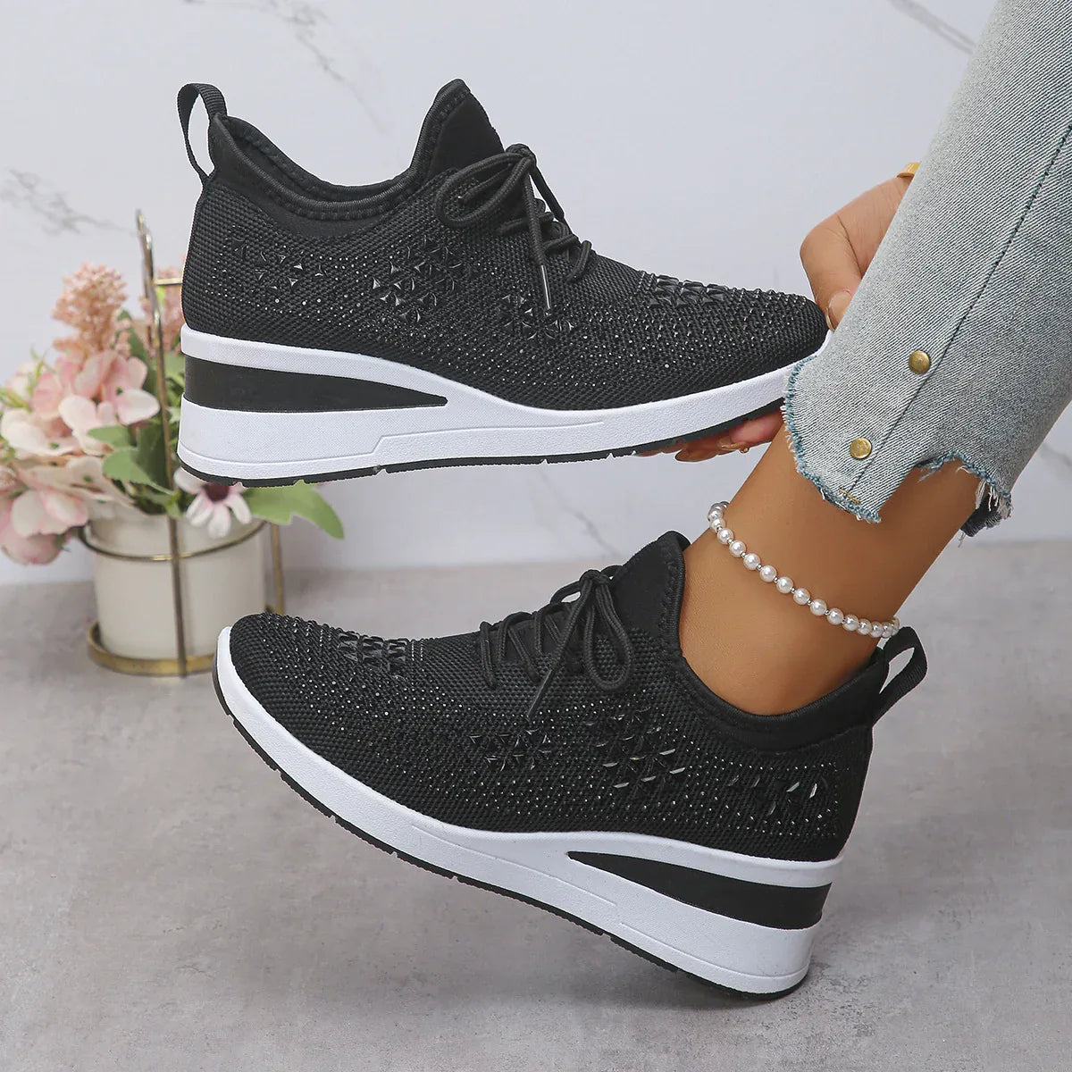Ins Rhinestone Sneakers Fashion Lace Up Wedges Casual Shoes Women's Daily Commuting Sports Shoes - DanaFashionstore