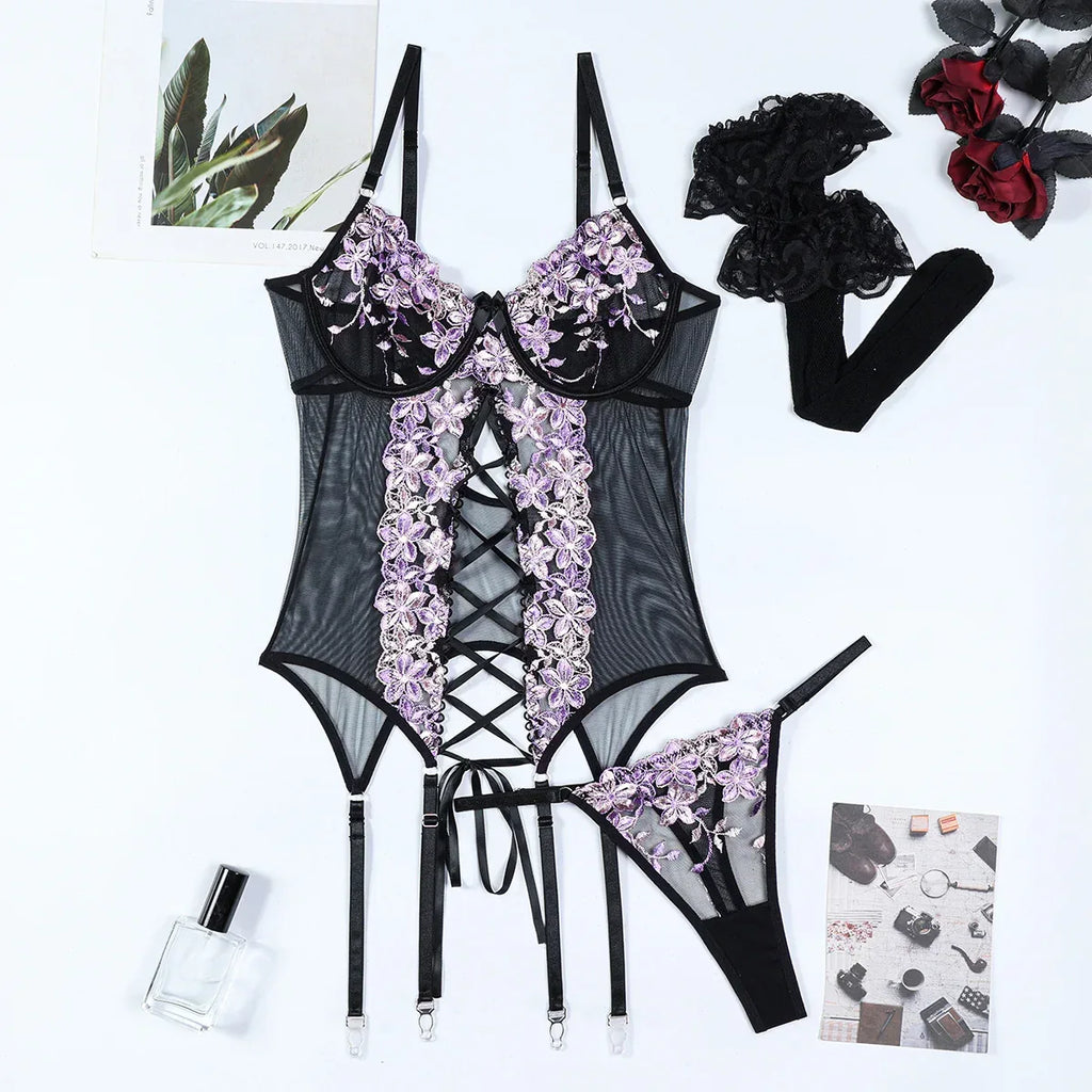 Embroidered Split Sexy Suspenders Underwear Overall Dress Suit Stockings Three-piece Set - DanaFashionstore