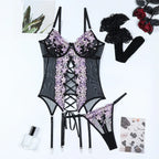 Embroidered Split Sexy Suspenders Underwear Overall Dress Suit Stockings Three-piece Set - DanaFashionstore