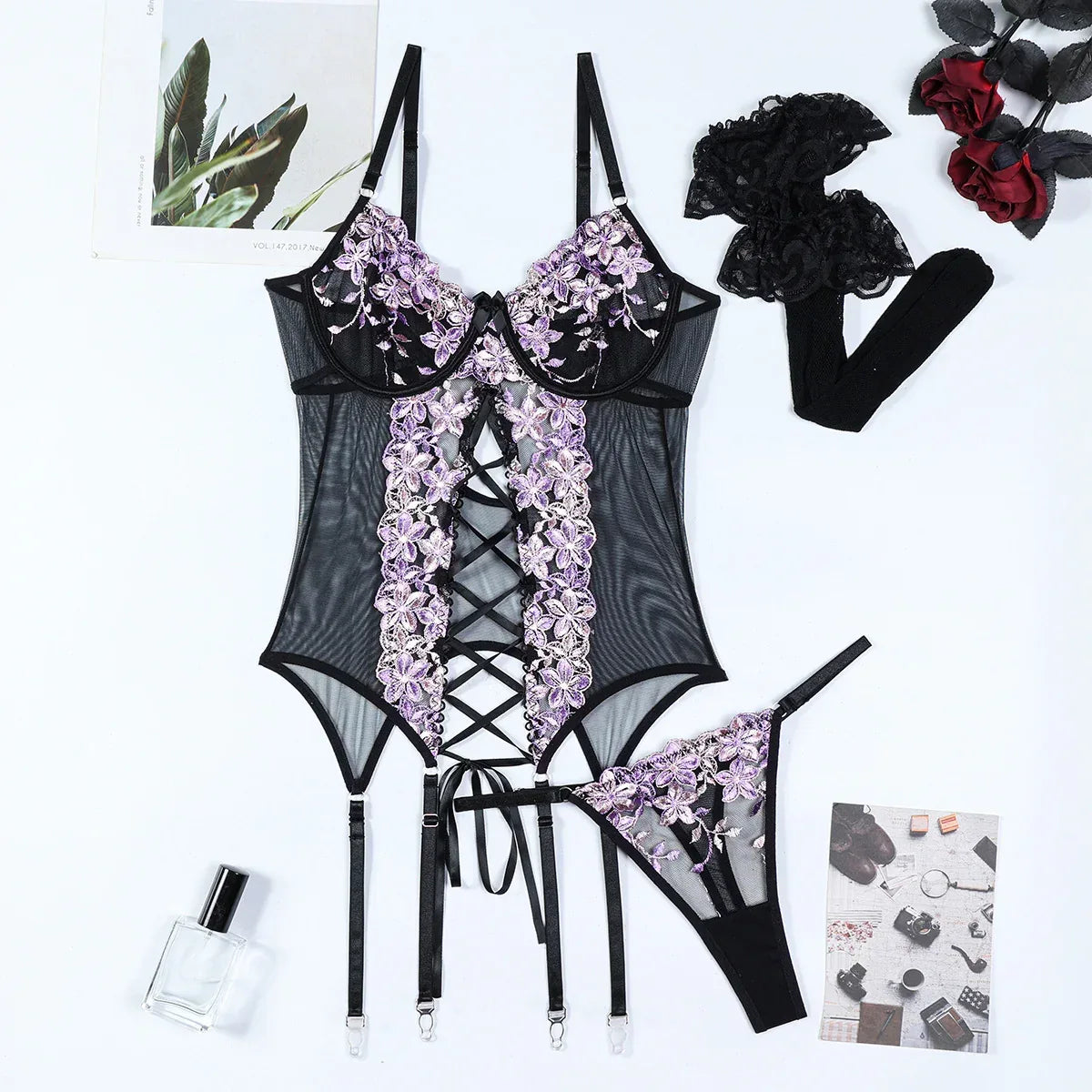Embroidered Split Sexy Suspenders Underwear Overall Dress Suit Stockings Three-piece Set - DanaFashionstore
