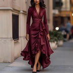 V-Neck Waist Trimming Ruffle Dress 2026 - Elegant Fitted Dress - DanaFashionstore