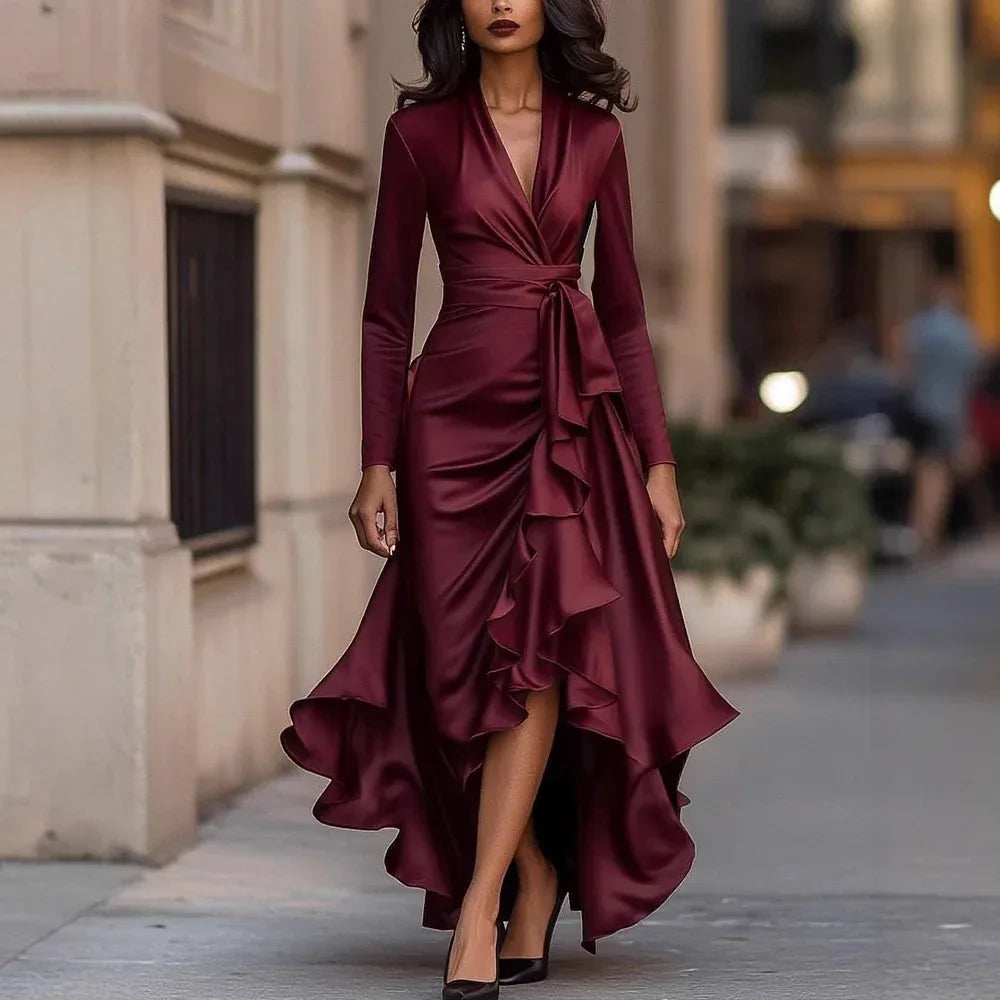 V-Neck Waist Trimming Ruffle Dress 2026 - Elegant Fitted Dress - DanaFashionstore