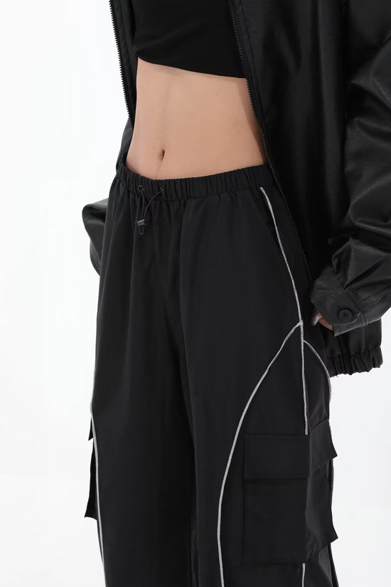 Black Mechanical Style Loose Retro Design Low Waist Casual Pants For Women