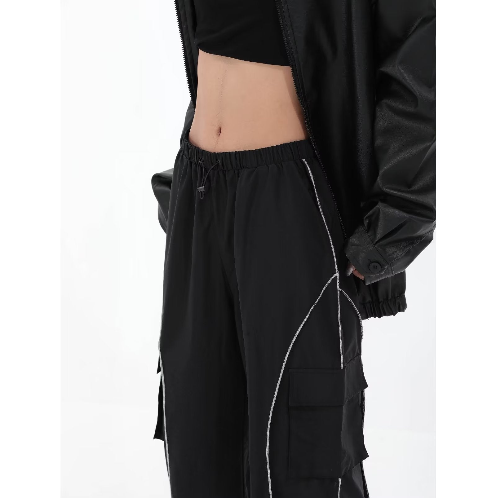 Black Mechanical Style Loose Retro Design Low Waist Casual Pants For Women