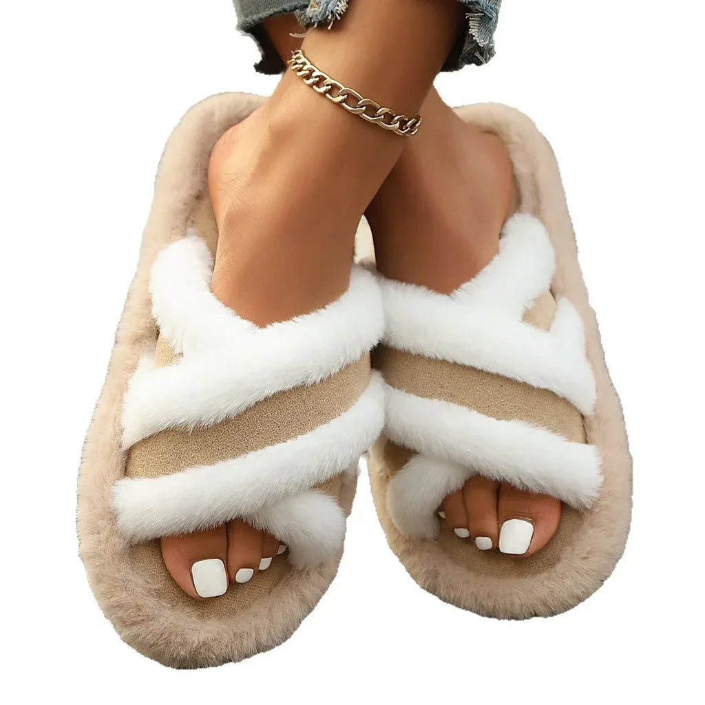 Fluffy Slippers Cross Strap Stitching Warm Casual Platform Slippers - DanaFashionstore