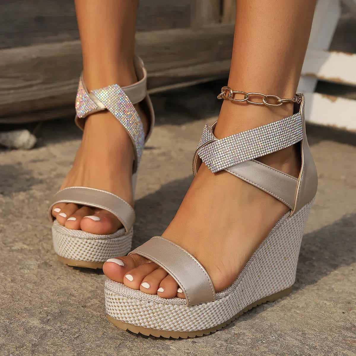 Fish Mouth High Wedges Sandals With Rhinestone Design Fashion Summer Platform Shoes For Women - DanaFashionstore