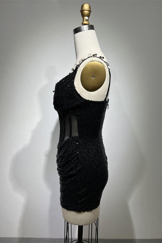 Low-cut See-through Black Paillette Strap Short Dress