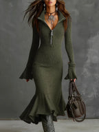 Pleated-collar Flared-sleeve Knitted Mermaid Skirt - DanaFashionstore