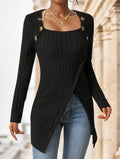 Square Neck Slim Fit Knit Button Decor Slit Hem Slim Fit Casual Long Sleeve T-shirt - DanaFashionstore