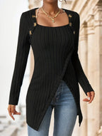 Square Neck Slim Fit Knit Button Decor Slit Hem Slim Fit Casual Long Sleeve T-shirt - DanaFashionstore