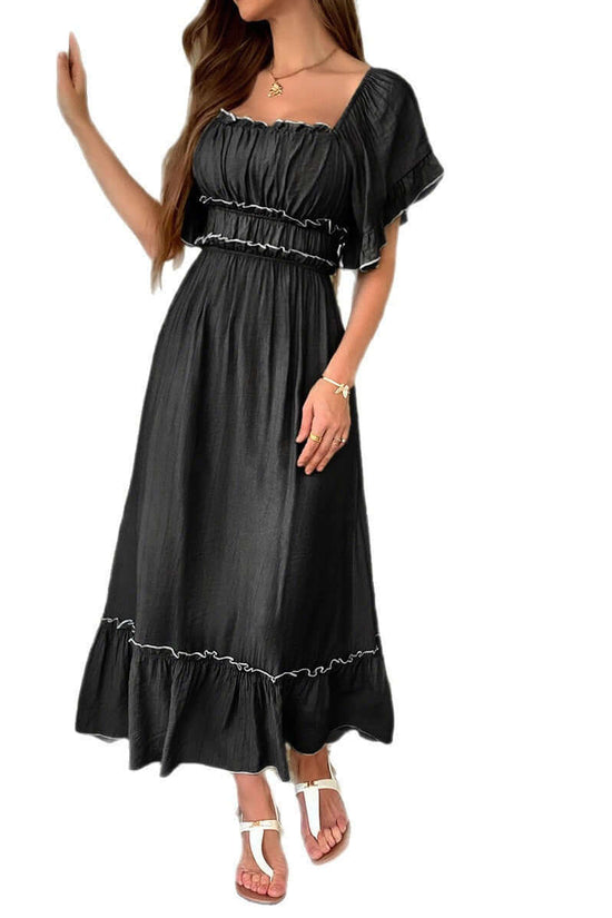 European And American Leisure Vacation Style Stringy Selvedge Short Sleeve Dress $59.50 Dana Fashion Color: Apricot Size: L Women's clothing Product information: Color: green, blue, black, apricot, orange pink Waist type: high waist Size: S,M,L,XL Skirt l