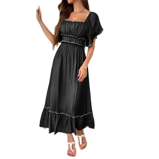 European And American Leisure Vacation Style Stringy Selvedge Short Sleeve Dress $59.50 Dana Fashion Color: Apricot Size: L Women's clothing Product information: Color: green, blue, black, apricot, orange pink Waist type: high waist Size: S,M,L,XL Skirt l