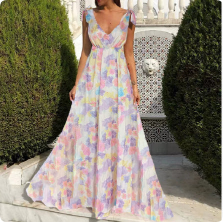 Open Back V-neck Suspender Print Large Hem Dress