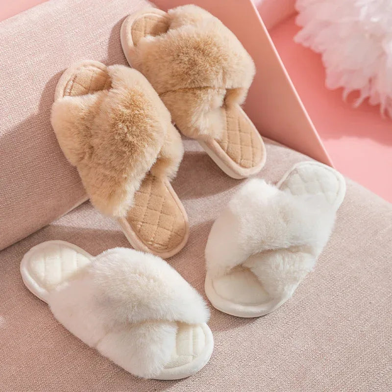 Cross-strap Furry Slippers Warm House Shoes For Women Winter Casual Flip Flops Fluffy Shoes Slides Soft Plush Home Indoor Slippers - DanaFashionstore