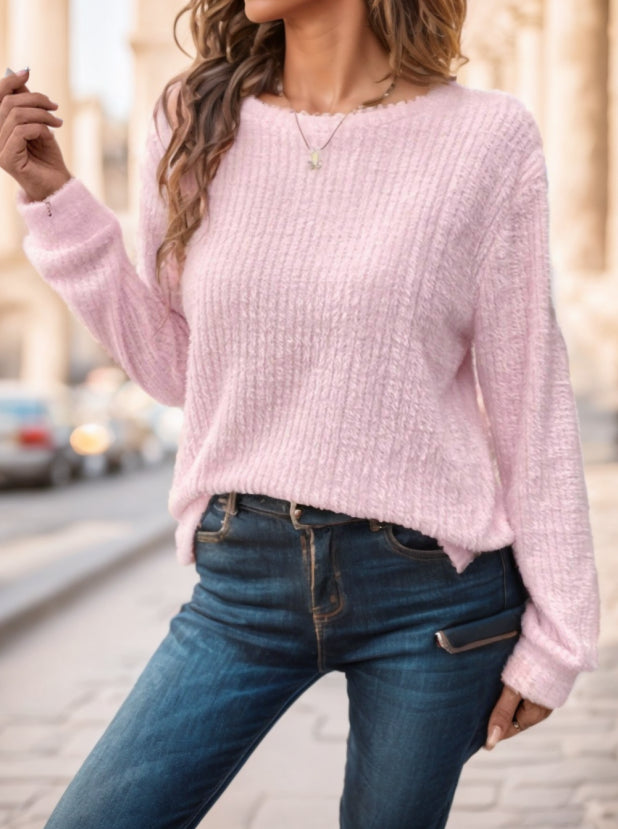 Women Plain Collar Rib Knit Casual Basic T-Shirt Blouse