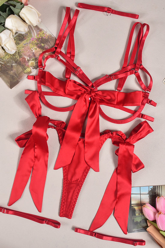 Satin Sexy Dew Leg Ring Strap Sexy Lingerie 4-piece Set
