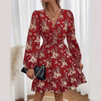 V-neck Floral Print Long Sleeve Dress