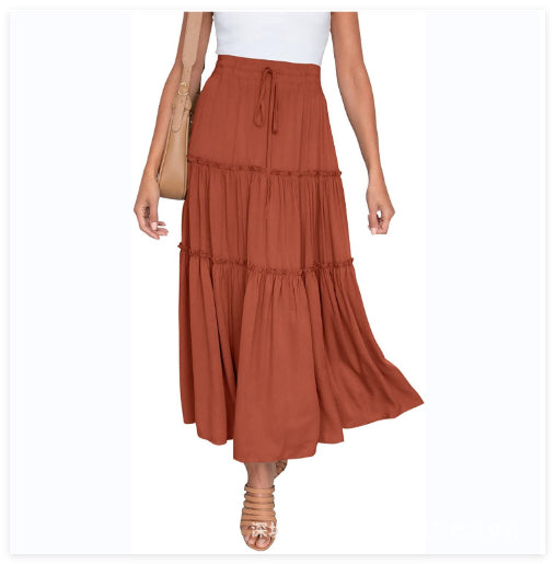 Women's Elastic High Waist A-Line Pleated Casual Maxi Dress