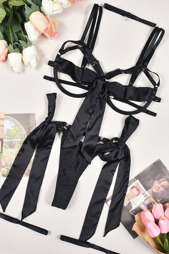 Satin Sexy Dew Leg Ring Strap Sexy Lingerie 4-piece Set