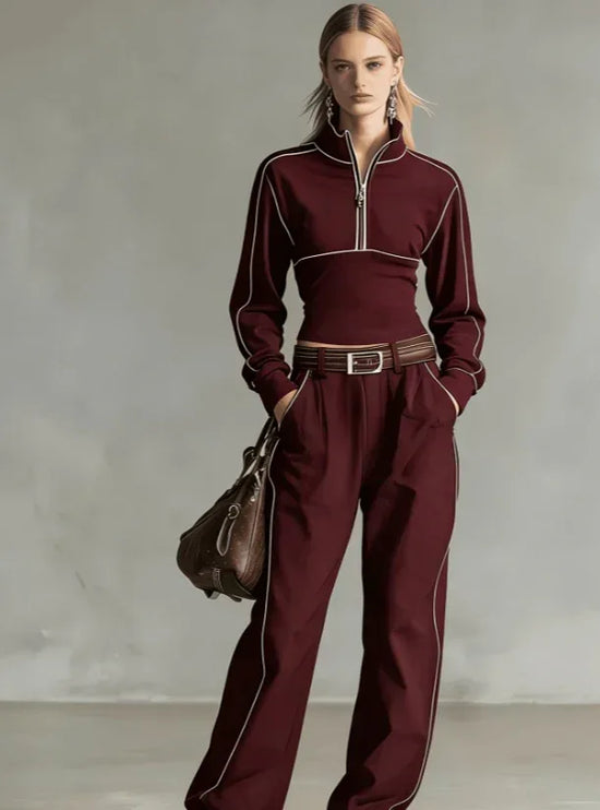 Stand-up Collar Short Zip-up Top Wide-leg Pants Casual Sportswear Set - DanaFashionstore