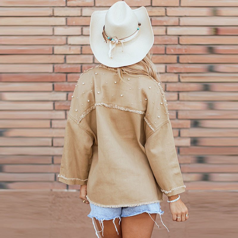 Beaded Denim Coat European And American Loose Lapels Jacket $115.50 Dana Fashion Color: LC788598 Khaki Size: 2XL Women's clothing Product information: Fabric name: Cotton Color: LC788598-pink,LC788598-khaki Sleeve type: regular sleeve Main fabric composit