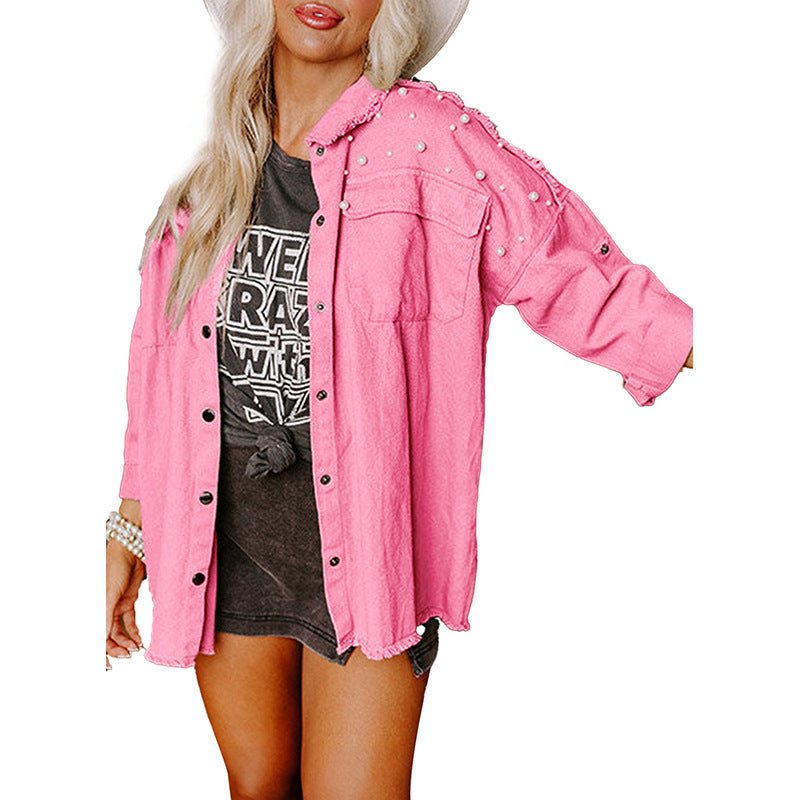 Beaded Denim Coat European And American Loose Lapels Jacket $115.50 Dana Fashion Color: LC788598 Pink Size: 2XL Women's clothing Product information: Fabric name: Cotton Color: LC788598-pink,LC788598-khaki Sleeve type: regular sleeve Main fabric compositi