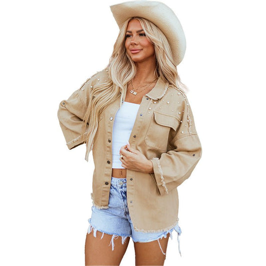 Beaded Denim Coat European And American Loose Lapels Jacket $115.50 Dana Fashion Color: LC788598 Khaki Size: 2XL Women's clothing Product information: Fabric name: Cotton Color: LC788598-pink,LC788598-khaki Sleeve type: regular sleeve Main fabric composit