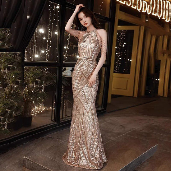Beaded Sequined Banquet Long Halter Set Diamond Queen Fishtail Evening Gown $100.00 Dana Fashion Color: Champagne Size: L Women's clothing Product information: Color: wine red, silver, Champagne Sleeve type: sleeveless Size: S,M,L,XL,XXL,XXXL Skirt length