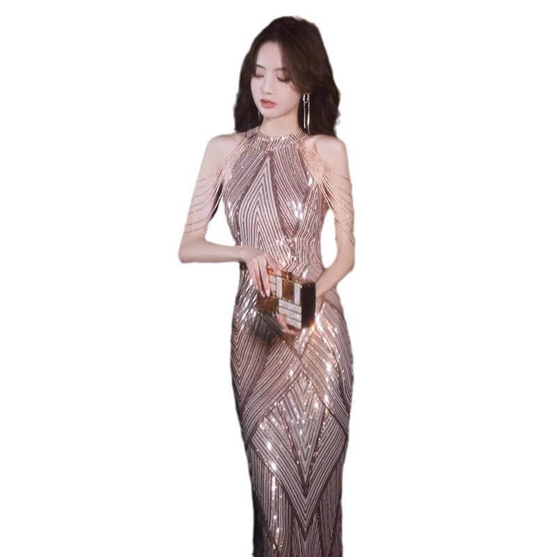 Beaded Sequined Banquet Long Halter Set Diamond Queen Fishtail Evening Gown $100.00 Dana Fashion Color: Champagne Size: L Women's clothing Product information: Color: wine red, silver, Champagne Sleeve type: sleeveless Size: S,M,L,XL,XXL,XXXL Skirt length