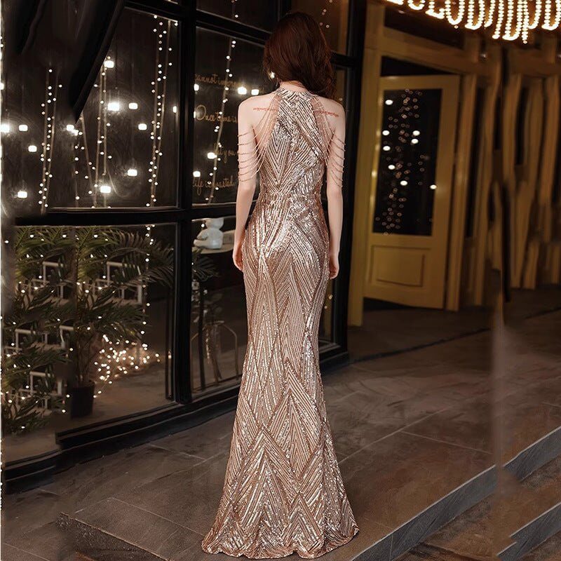 Beaded Sequined Banquet Long Halter Set Diamond Queen Fishtail Evening Gown $100.00 Dana Fashion Color: Champagne Size: L Women's clothing Product information: Color: wine red, silver, Champagne Sleeve type: sleeveless Size: S,M,L,XL,XXL,XXXL Skirt length