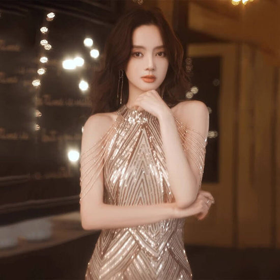 Beaded Sequined Banquet Long Halter Set Diamond Queen Fishtail Evening Gown $100.00 Dana Fashion Color: Champagne Size: L Women's clothing Product information: Color: wine red, silver, Champagne Sleeve type: sleeveless Size: S,M,L,XL,XXL,XXXL Skirt length