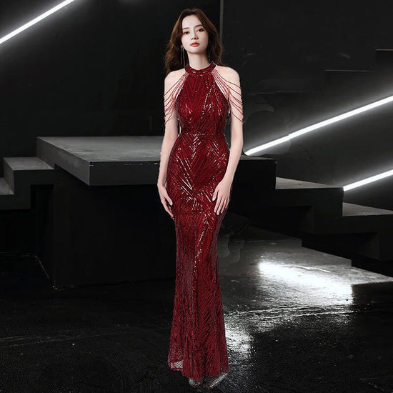 Beaded Sequined Banquet Long Halter Set Diamond Queen Fishtail Evening Gown $100.00 Dana Fashion Color: Wine Red Size: L Women's clothing Product information: Color: wine red, silver, Champagne Sleeve type: sleeveless Size: S,M,L,XL,XXL,XXXL Skirt length: