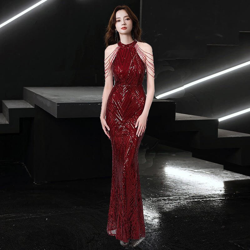 Beaded Sequined Banquet Long Halter Set Diamond Queen Fishtail Evening Gown $100.00 Dana Fashion Color: Wine Red Size: L Women's clothing Product information: Color: wine red, silver, Champagne Sleeve type: sleeveless Size: S,M,L,XL,XXL,XXXL Skirt length: