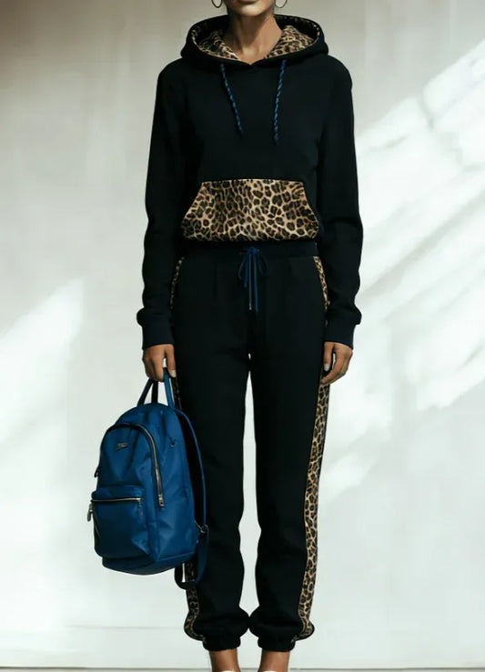 Leopard Print Patchwork Hooded Sweatshirt Set - DanaFashionstore