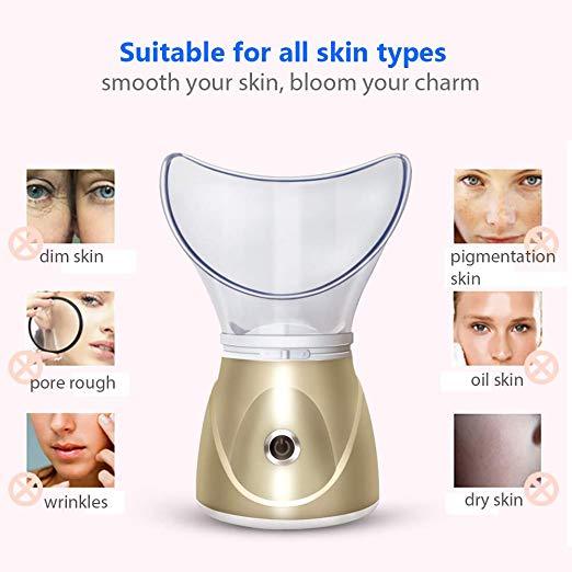 Beauty steaming face instrument $48.08 Dana Fashion Color: Gold Model: EU Beauty Tools Multifunctional steamed face beauty instrument Material description: ABS, silicone Net weight: 16.5kg / 15kg Function introduction: 1. Steamed face silicone cover and s