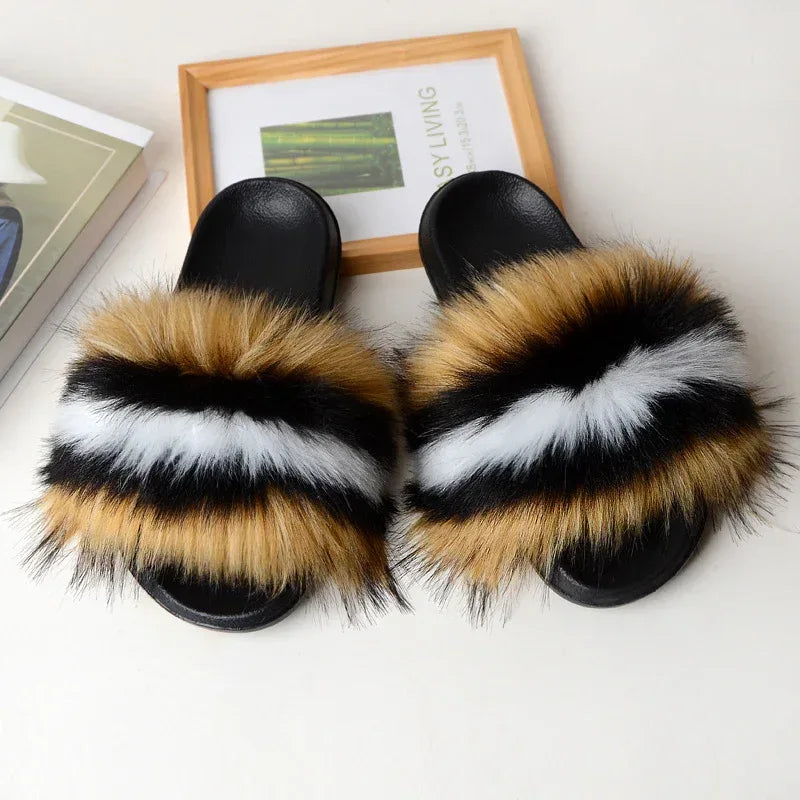 Faux Fox Fur Slippers Women Non Slip Plush Slippers - DanaFashionstore