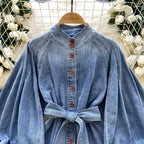 Retro Lace-up Waist-controlled Stand-up Collar Puff Sleeve Denim Top