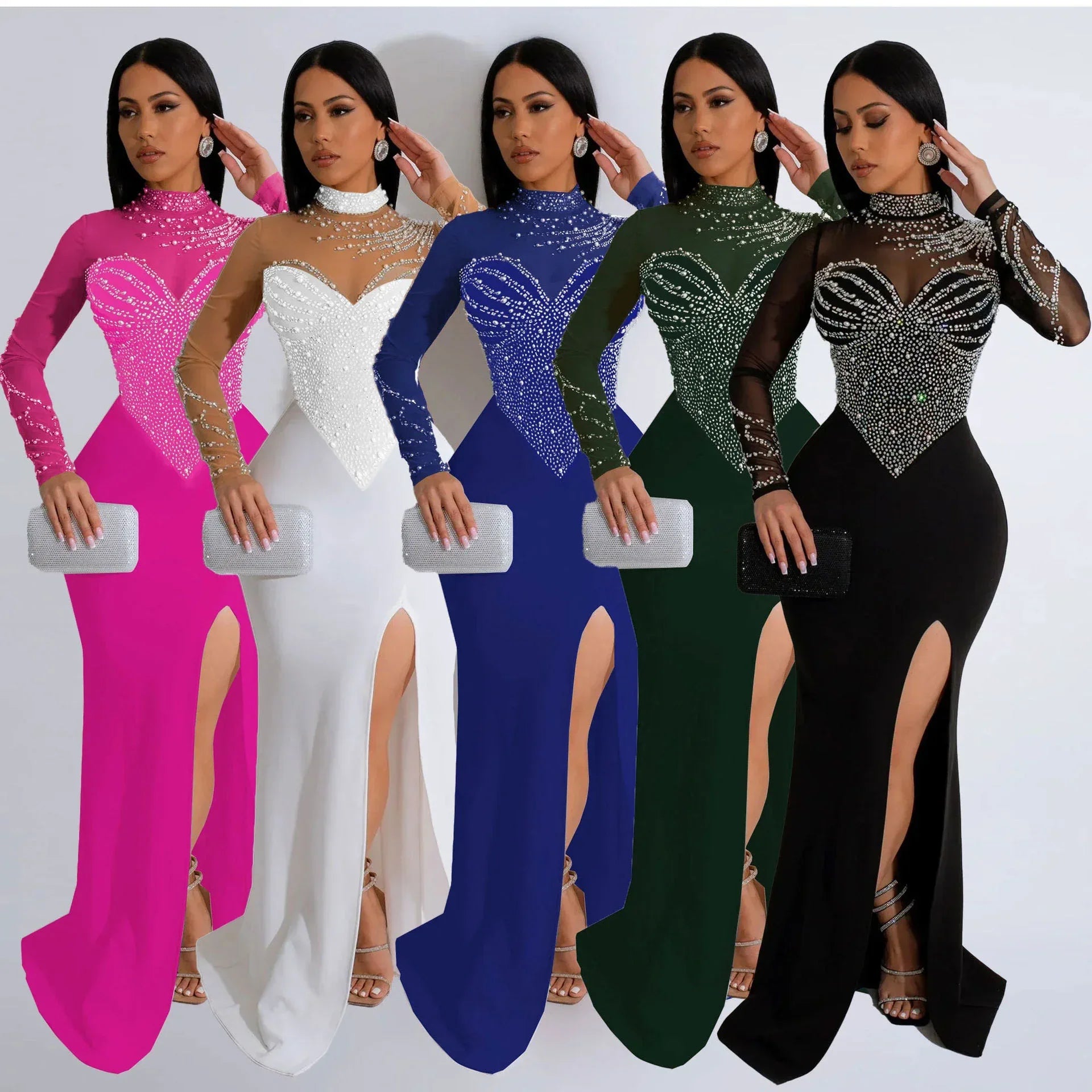 Rhinestone Pearl See-Through Dress 2026 - Waist-Tight Split Dress - DanaFashionstore