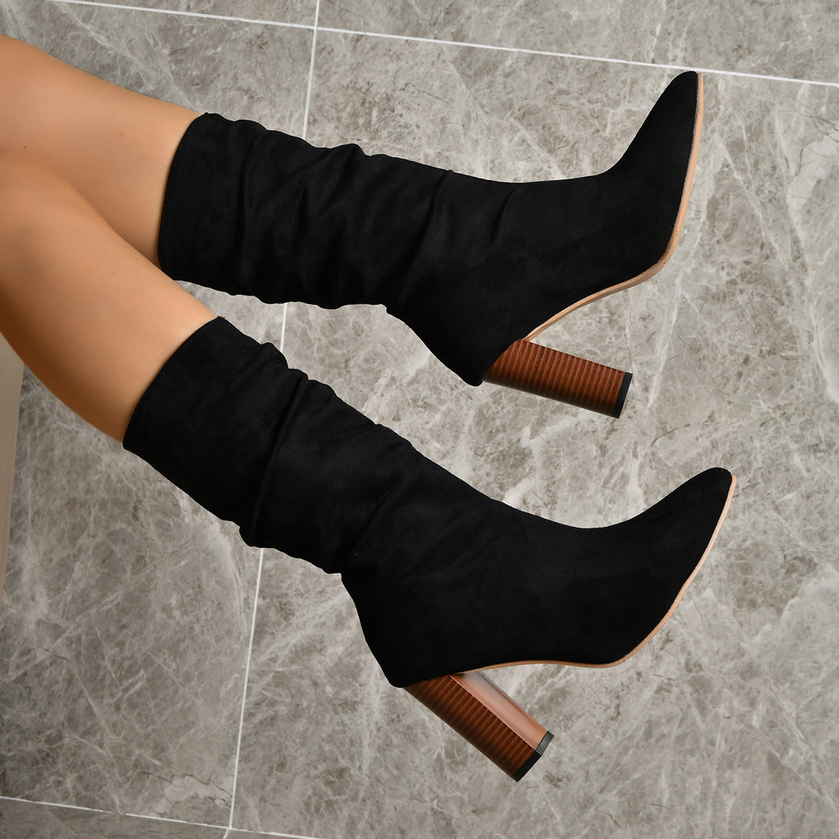 Women's Pointed Toe Block Heel Boots - Winter Suede Mid-Calf Boots