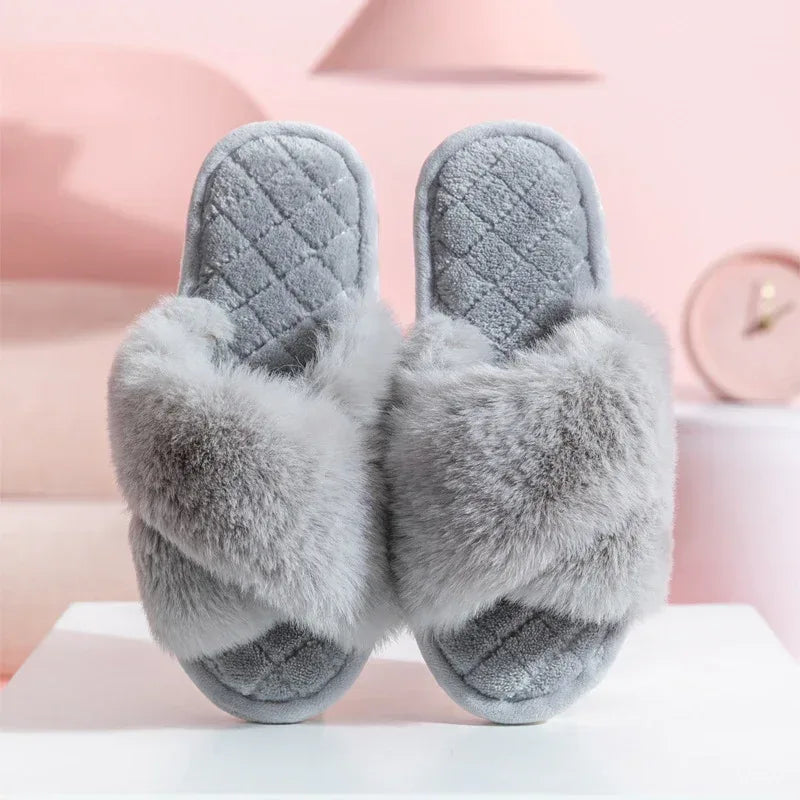 Cross-strap Furry Slippers Warm House Shoes For Women Winter Casual Flip Flops Fluffy Shoes Slides Soft Plush Home Indoor Slippers - DanaFashionstore