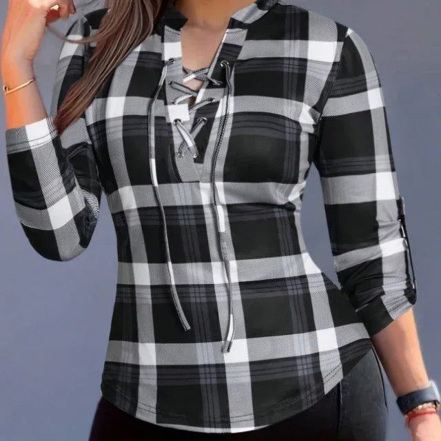 Women's Plaid Notch Neck Criss Cross Tie Short Sleeve T-Shirt - DanaFashionstore