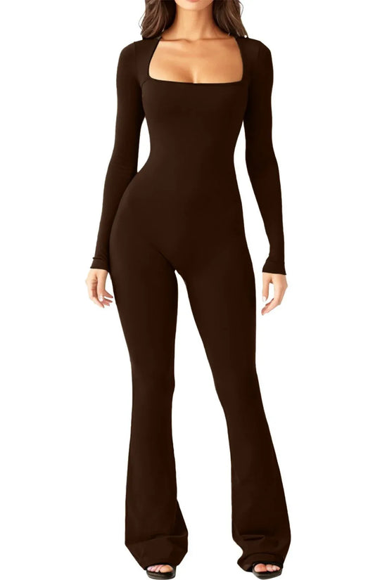 Women Long Sleeve Belly Waist Shaping And Hip Lift Square Collar Wide Leg High Elastic Jumpsuit - DanaFashionstore