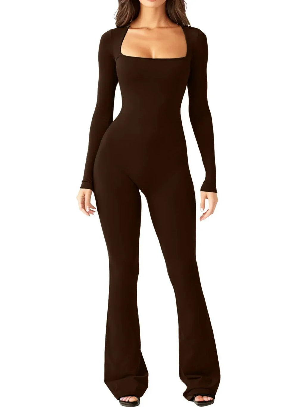 Women Long Sleeve Belly Waist Shaping And Hip Lift Square Collar Wide Leg High Elastic Jumpsuit - DanaFashionstore